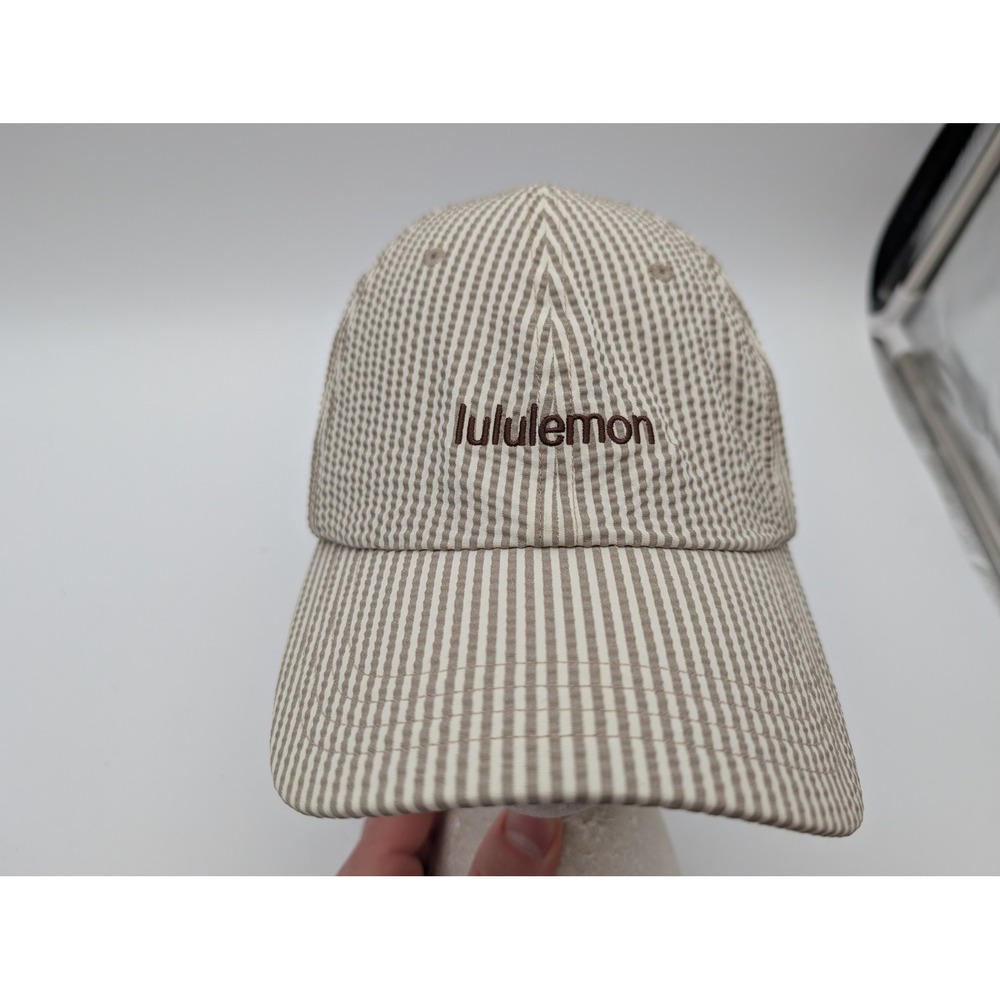 Lululemon Seersucker Striped Adjustable Baseball Hat Tan White L/XL